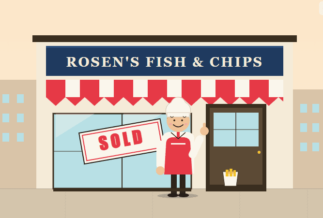 A friendly Rosen's Fish & Chips shopkeeper standing outside the shop with a SOLD sign in the window